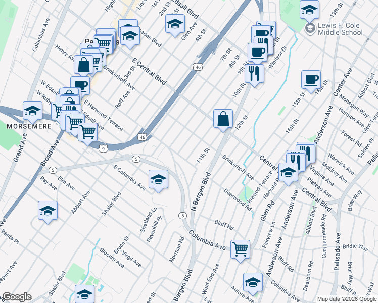 map of restaurants, bars, coffee shops, grocery stores, and more near 207A 11th Street in Palisades Park