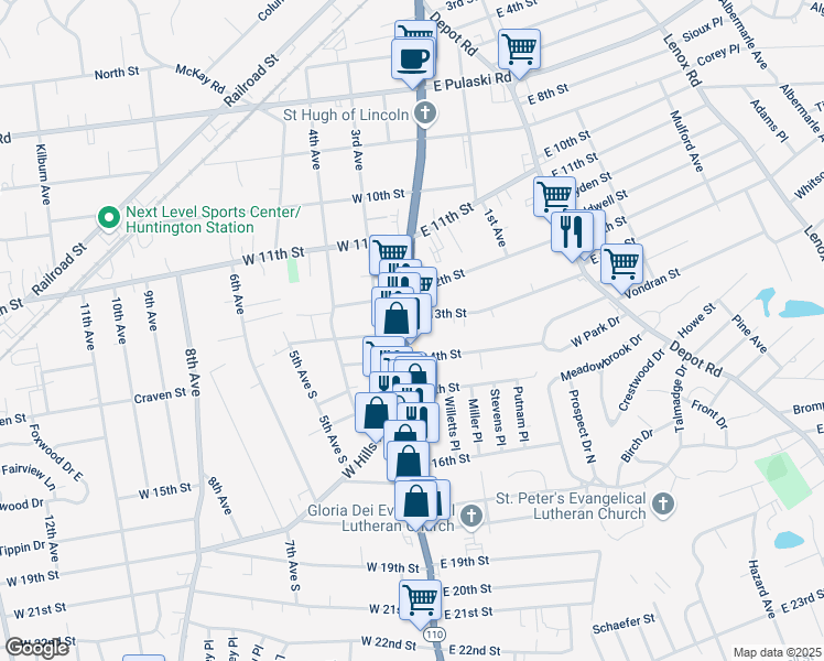 map of restaurants, bars, coffee shops, grocery stores, and more near 1650 New York Avenue in Huntington Station