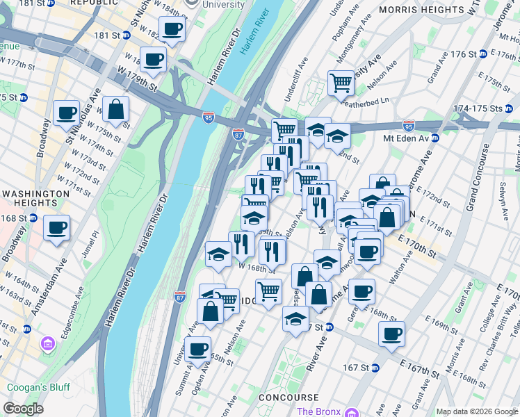 map of restaurants, bars, coffee shops, grocery stores, and more near in The Bronx