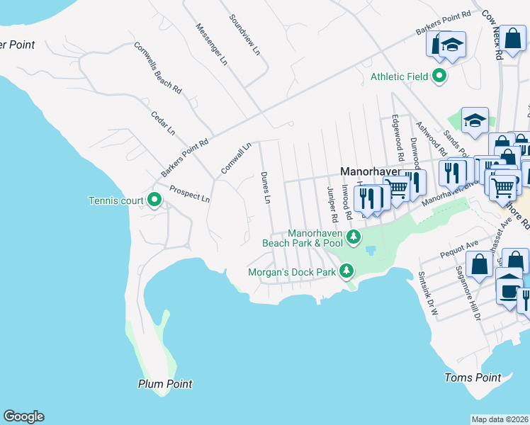 map of restaurants, bars, coffee shops, grocery stores, and more near 12 Cedar Lane in Port Washington