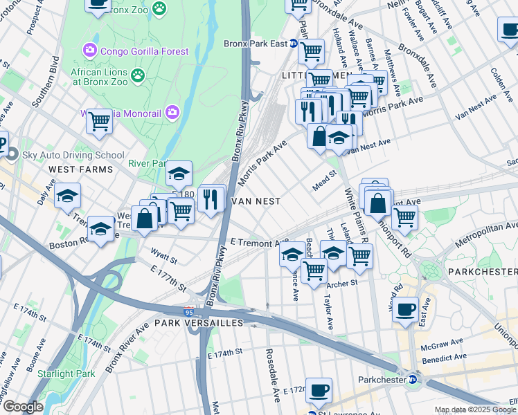 map of restaurants, bars, coffee shops, grocery stores, and more near in The Bronx