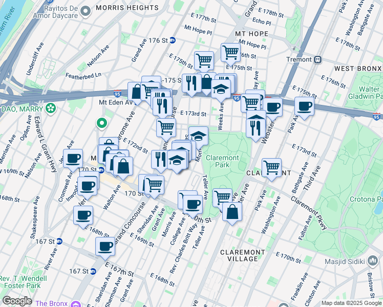 map of restaurants, bars, coffee shops, grocery stores, and more near 1540 Morris Avenue in Bronx