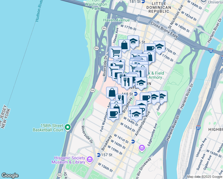 map of restaurants, bars, coffee shops, grocery stores, and more near 177 Fort Washington Avenue in New York