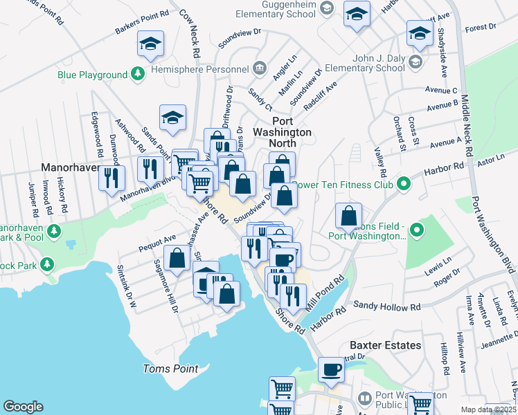 map of restaurants, bars, coffee shops, grocery stores, and more near 2 Waterview Drive in Port Washington