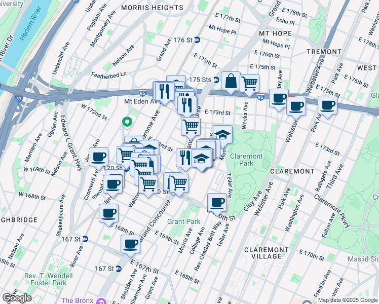 map of restaurants, bars, coffee shops, grocery stores, and more near 1555 Grand Concourse in The Bronx