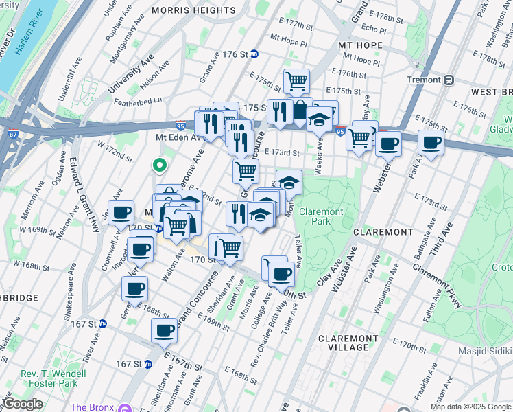 map of restaurants, bars, coffee shops, grocery stores, and more near 1521 Sheridan Avenue in Bronx