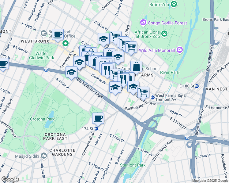 map of restaurants, bars, coffee shops, grocery stores, and more near 1926 Crotona Parkway in Bronx