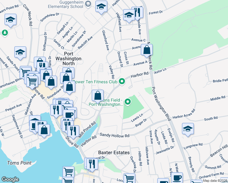 map of restaurants, bars, coffee shops, grocery stores, and more near 97 Harbor Road in Port Washington