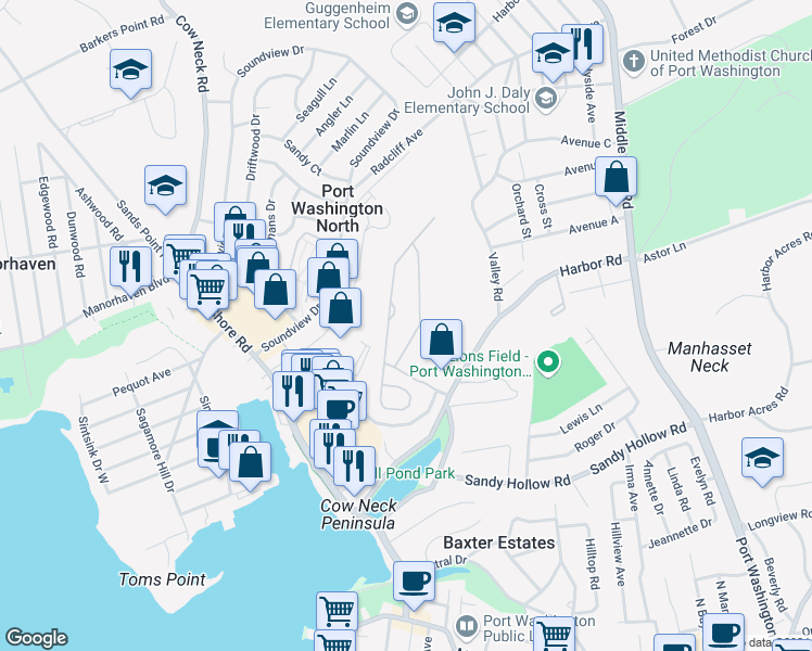 map of restaurants, bars, coffee shops, grocery stores, and more near 240 Pond View Drive in Port Washington