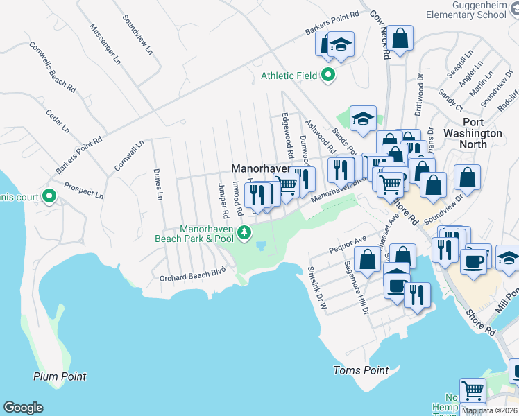 map of restaurants, bars, coffee shops, grocery stores, and more near 20 Graywood Road in Port Washington