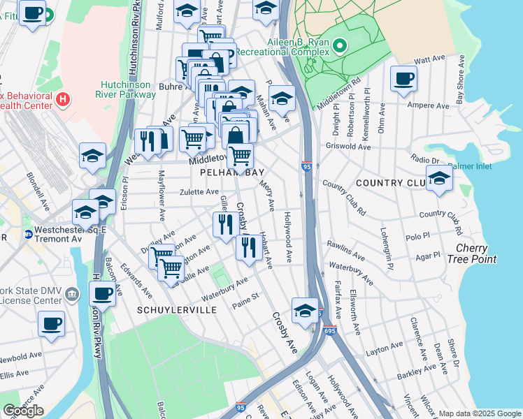 map of restaurants, bars, coffee shops, grocery stores, and more near 1425 Merry Avenue in Bronx