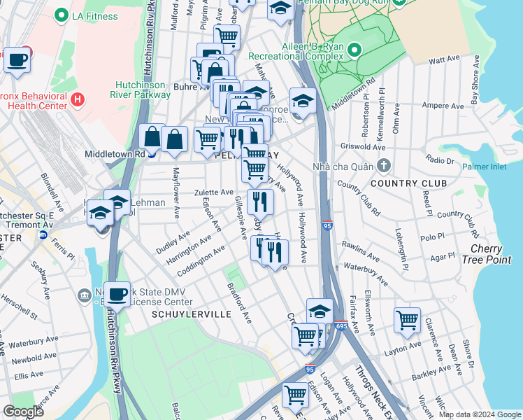 map of restaurants, bars, coffee shops, grocery stores, and more near 1450 Crosby Avenue in The Bronx