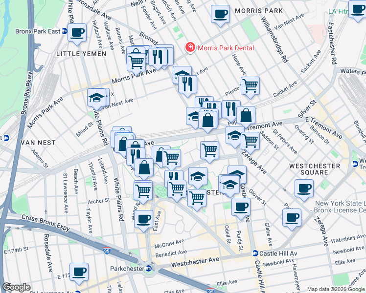 map of restaurants, bars, coffee shops, grocery stores, and more near 2015 East Tremont Avenue in The Bronx
