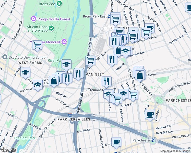 map of restaurants, bars, coffee shops, grocery stores, and more near in The Bronx
