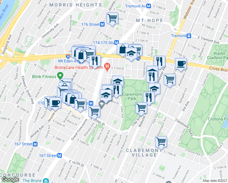 map of restaurants, bars, coffee shops, grocery stores, and more near 1540 Morris Avenue in Bronx