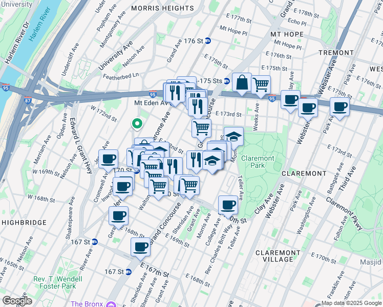 map of restaurants, bars, coffee shops, grocery stores, and more near 1555 Grand Concourse in The Bronx
