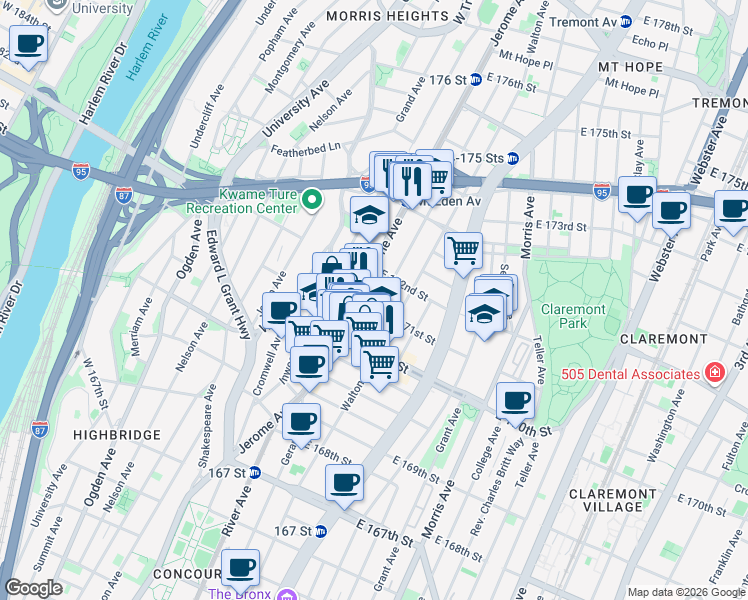 map of restaurants, bars, coffee shops, grocery stores, and more near 1477 Townsend Avenue in The Bronx