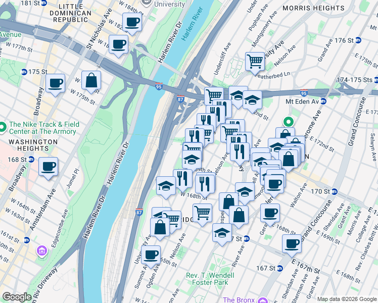 map of restaurants, bars, coffee shops, grocery stores, and more near in The Bronx