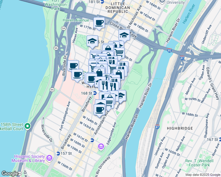map of restaurants, bars, coffee shops, grocery stores, and more near 508 West 171st Street in New York