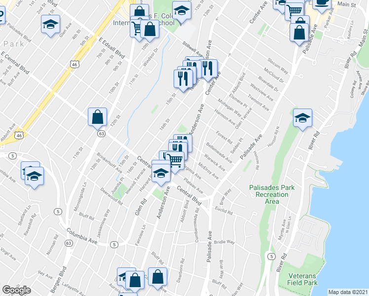 map of restaurants, bars, coffee shops, grocery stores, and more near 1296 Anderson Avenue in Fort Lee