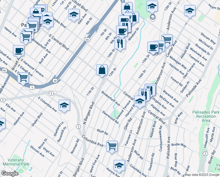 map of restaurants, bars, coffee shops, grocery stores, and more near 416 East Central Boulevard in Palisades Park