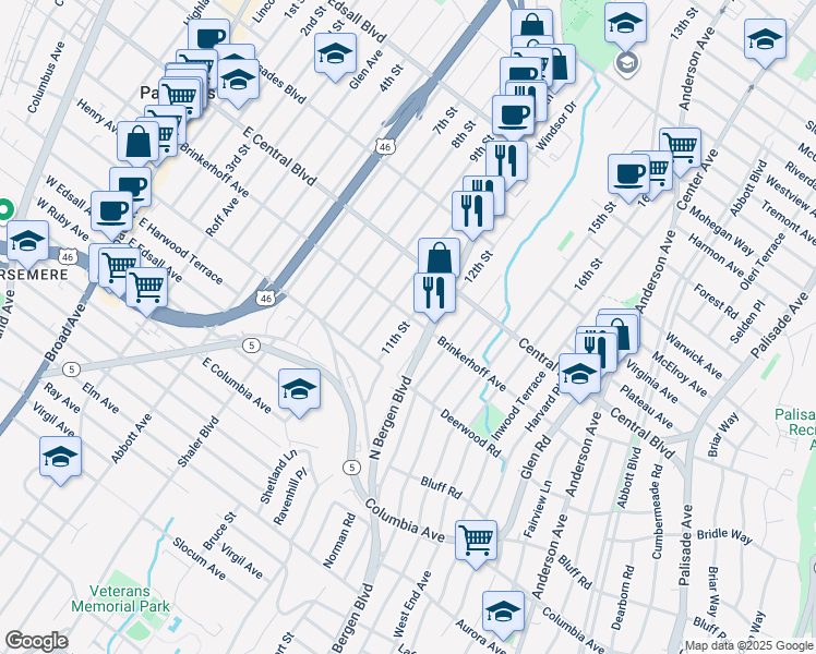 map of restaurants, bars, coffee shops, grocery stores, and more near 257 11th Street in Palisades Park