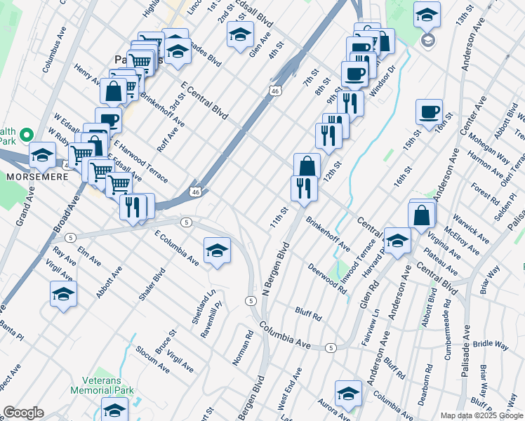 map of restaurants, bars, coffee shops, grocery stores, and more near 316A Brinkerhoff Avenue in Palisades Park
