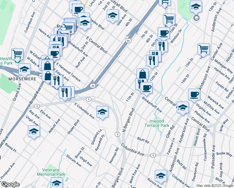map of restaurants, bars, coffee shops, grocery stores, and more near 216 8th Street in Palisades Park