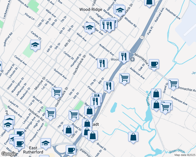 map of restaurants, bars, coffee shops, grocery stores, and more near 561 Center Street in Wood-Ridge