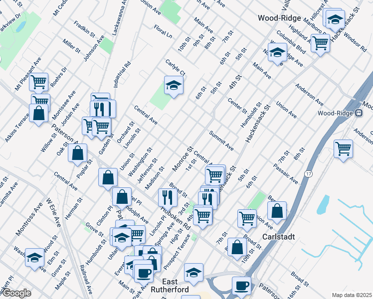 map of restaurants, bars, coffee shops, grocery stores, and more near 530 Madison Street in Carlstadt