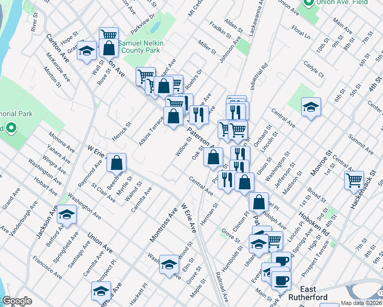 map of restaurants, bars, coffee shops, grocery stores, and more near 536 Paterson Avenue in East Rutherford