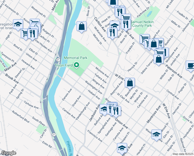 map of restaurants, bars, coffee shops, grocery stores, and more near 36 Yahara Avenue in Rutherford