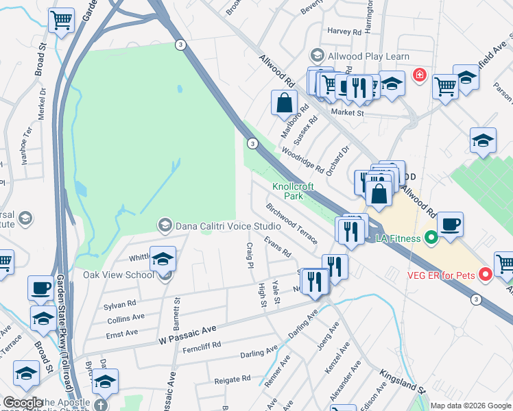 map of restaurants, bars, coffee shops, grocery stores, and more near 168 Knollwood Terrace in Clifton