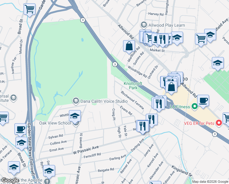 map of restaurants, bars, coffee shops, grocery stores, and more near 168 Knollwood Terrace in Clifton
