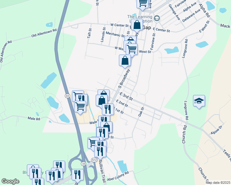 map of restaurants, bars, coffee shops, grocery stores, and more near 38 West 3rd Street in Wind Gap