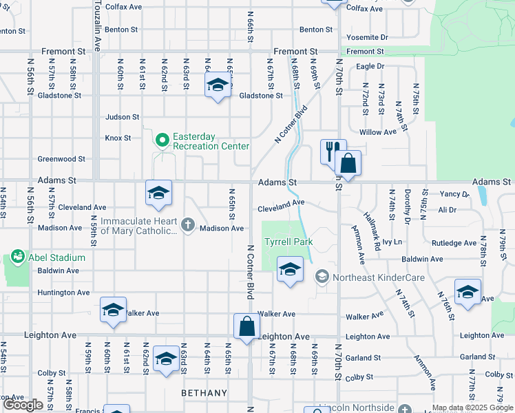 map of restaurants, bars, coffee shops, grocery stores, and more near 2928 North Cotner Boulevard in Lincoln
