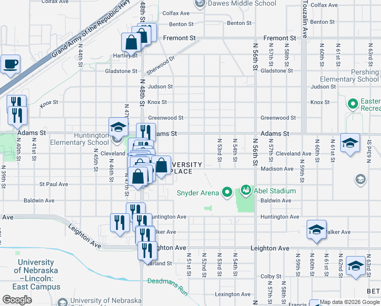 map of restaurants, bars, coffee shops, grocery stores, and more near 2932 North 51st Street in Lincoln