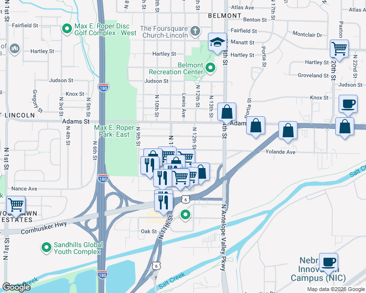map of restaurants, bars, coffee shops, grocery stores, and more near 1126 Butler Avenue in Lincoln