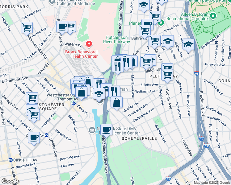 map of restaurants, bars, coffee shops, grocery stores, and more near 1522 Ericson Place in Bronx