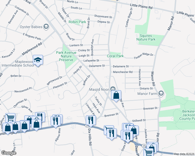 map of restaurants, bars, coffee shops, grocery stores, and more near 1016 Park Avenue in Huntington
