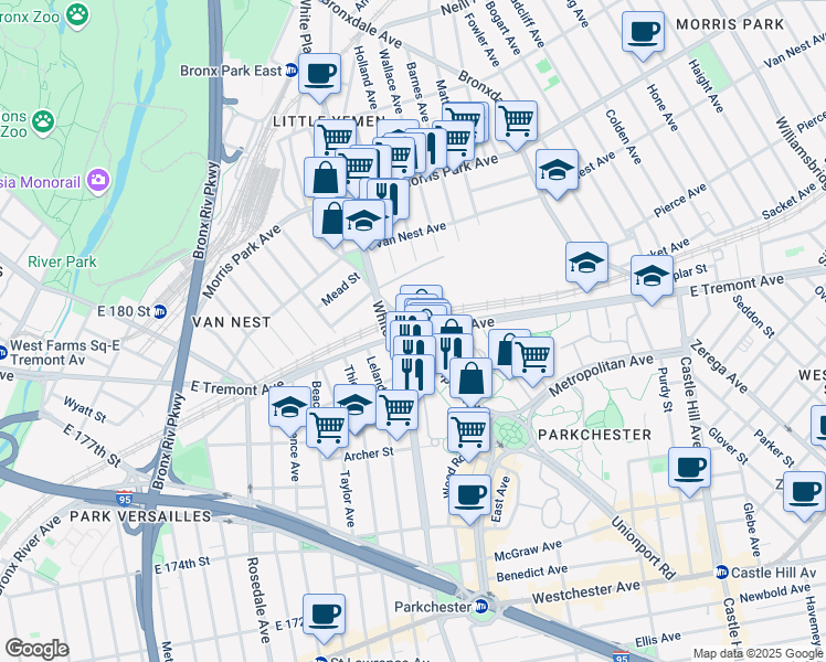 map of restaurants, bars, coffee shops, grocery stores, and more near East Tremont Avenue & Unionport Road in Bronx