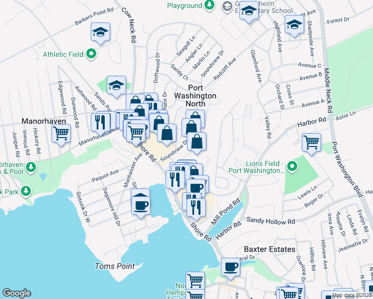 map of restaurants, bars, coffee shops, grocery stores, and more near 22 Soundview Drive in Port Washington