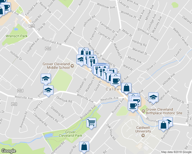 map of restaurants, bars, coffee shops, grocery stores, and more near 420 Bloomfield Avenue in Caldwell