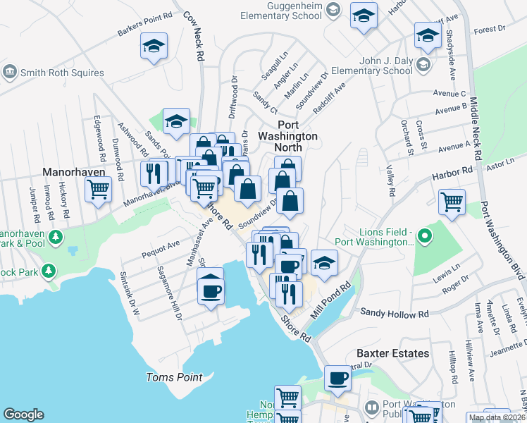 map of restaurants, bars, coffee shops, grocery stores, and more near 2 Waterview Drive in Port Washington
