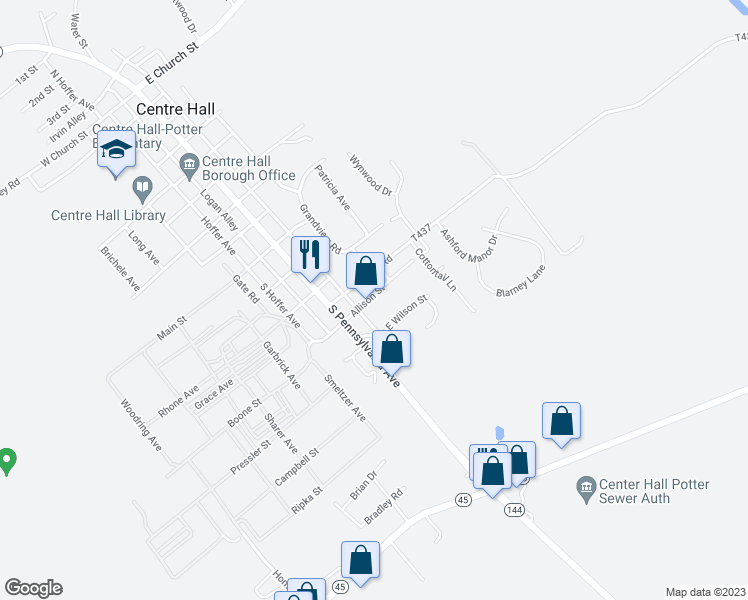 map of restaurants, bars, coffee shops, grocery stores, and more near 118 Allison Street in Centre Hall