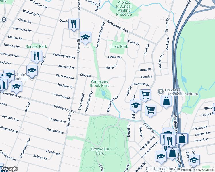 map of restaurants, bars, coffee shops, grocery stores, and more near 30 Club Road in Montclair
