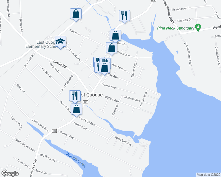 map of restaurants, bars, coffee shops, grocery stores, and more near 10 Walnut Avenue in East Quogue