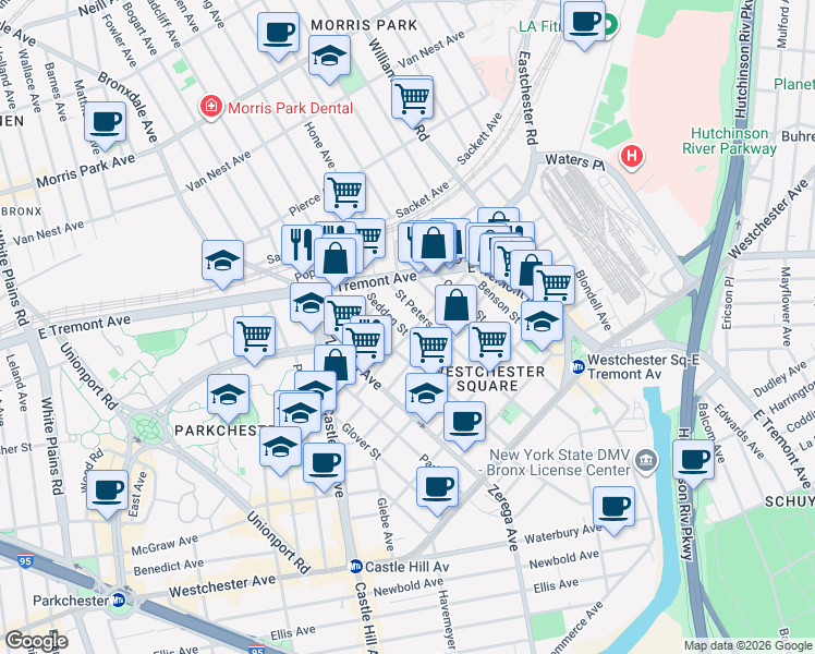 map of restaurants, bars, coffee shops, grocery stores, and more near 1717 Saint Peters Avenue in Bronx
