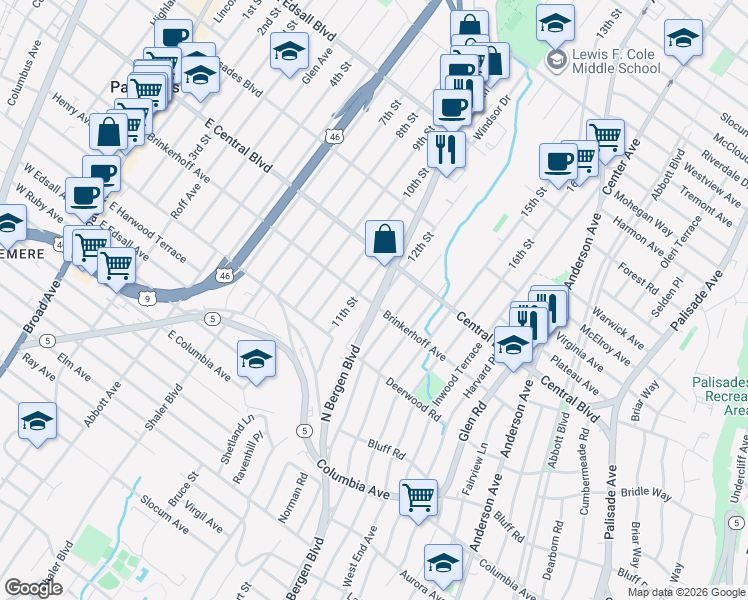 map of restaurants, bars, coffee shops, grocery stores, and more near 257 11th Street in Palisades Park