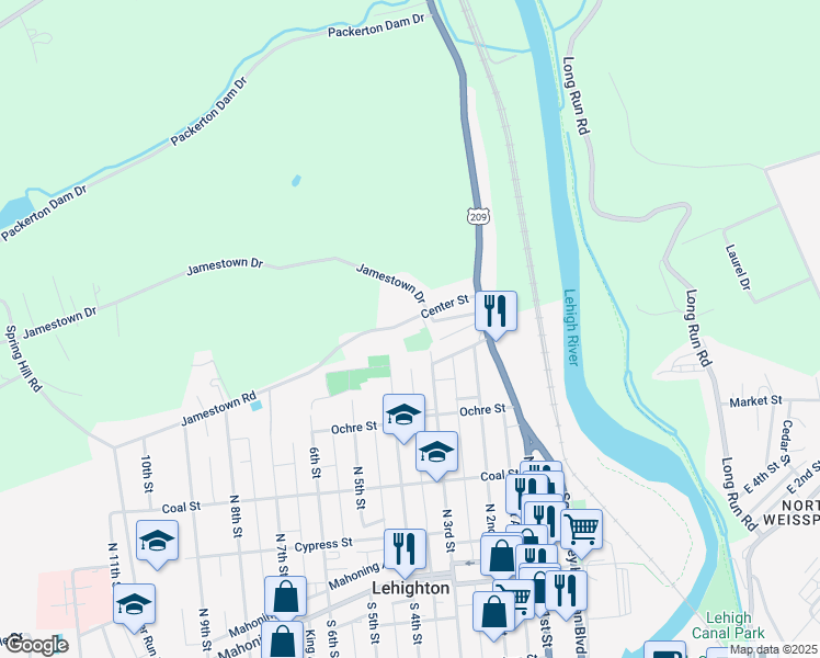 map of restaurants, bars, coffee shops, grocery stores, and more near 220-222 North Center Alley in Lehighton